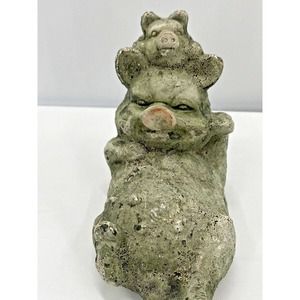 Pig Piglet Mama Sow Pig W/ Baby Pig on Back Green Terra Cotta Clay Yard Figurine
